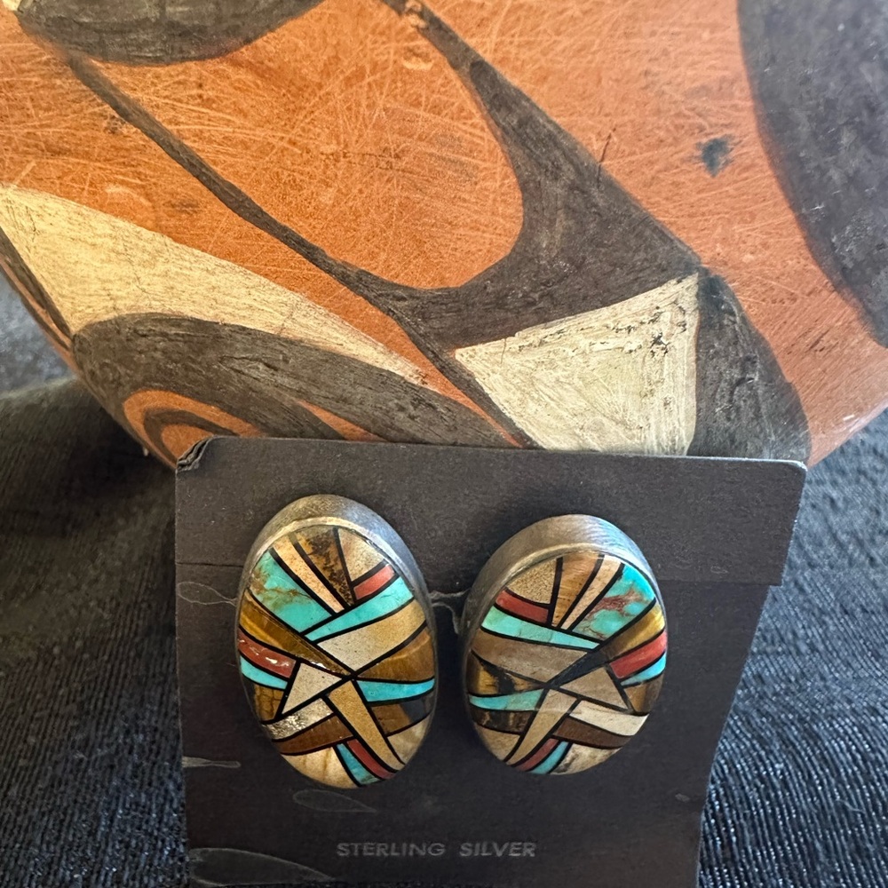 Sterling Silver Inlay Oval Earrings with Turquoise & Coral